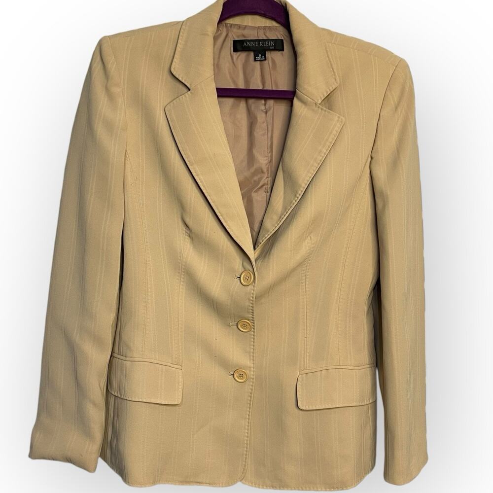Anne Klein Blazer Jacket Women 6 Beige Button Front Career Collar Lined Academia